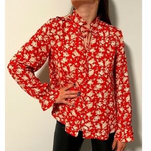 Zara Floral Tie Front Ruffle Detail Button Panel Blouse / medium